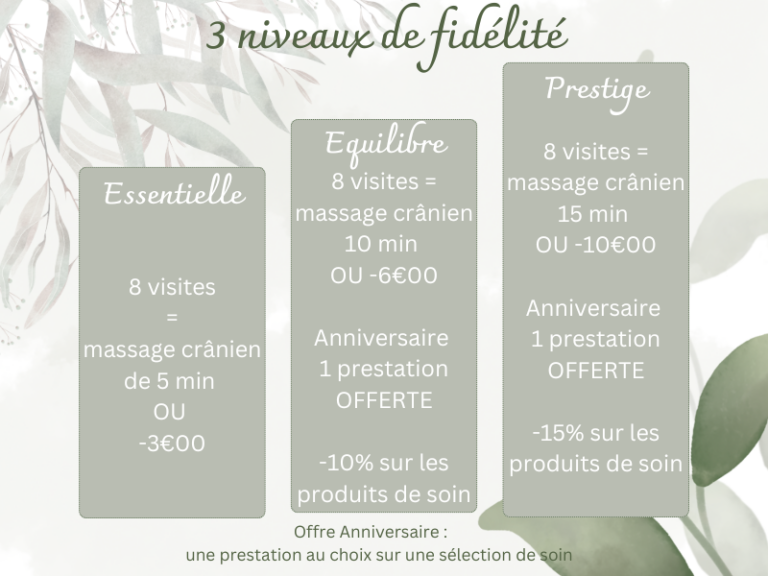 Programme fidélité esthéticienne Bruay-la-Buissière : palier Essentiel, Equilibre, Prestige avec avantages et récompenses